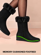 Women Black High Ankle Side Zipper Winter Classic Fur Boots|Memory Cushion Inslole|Platform Wedge Heel Mid Calf Work Boot