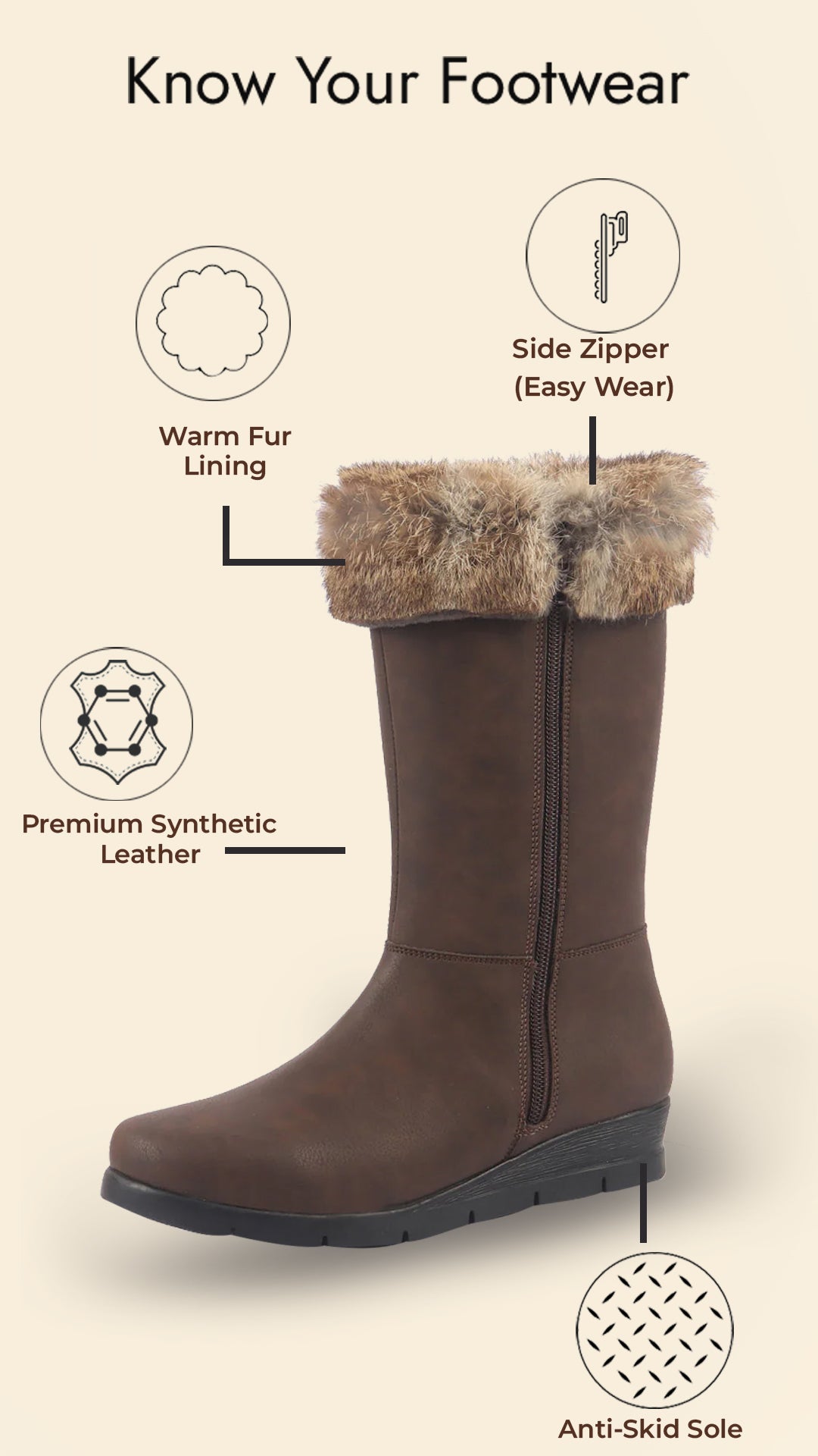 women brown high ankle side zipper winter classic fur boots|memory cushion inslole|platform wedge heel mid calf work boot