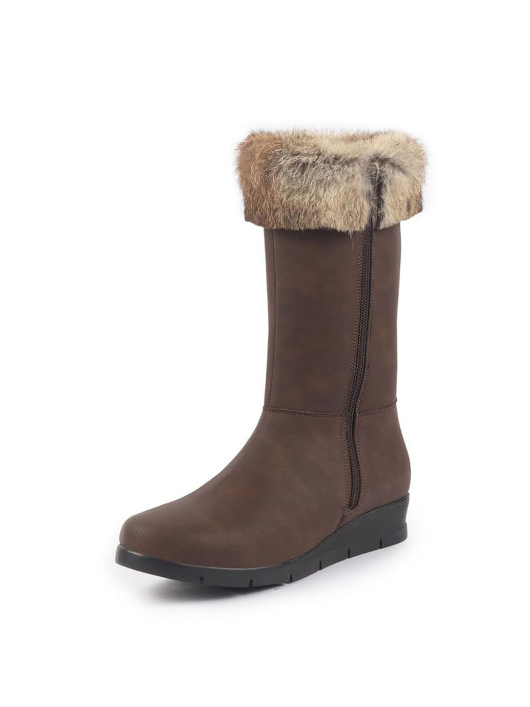 women brown high ankle side zipper winter classic fur boots|memory cushion inslole|platform wedge heel mid calf work boot