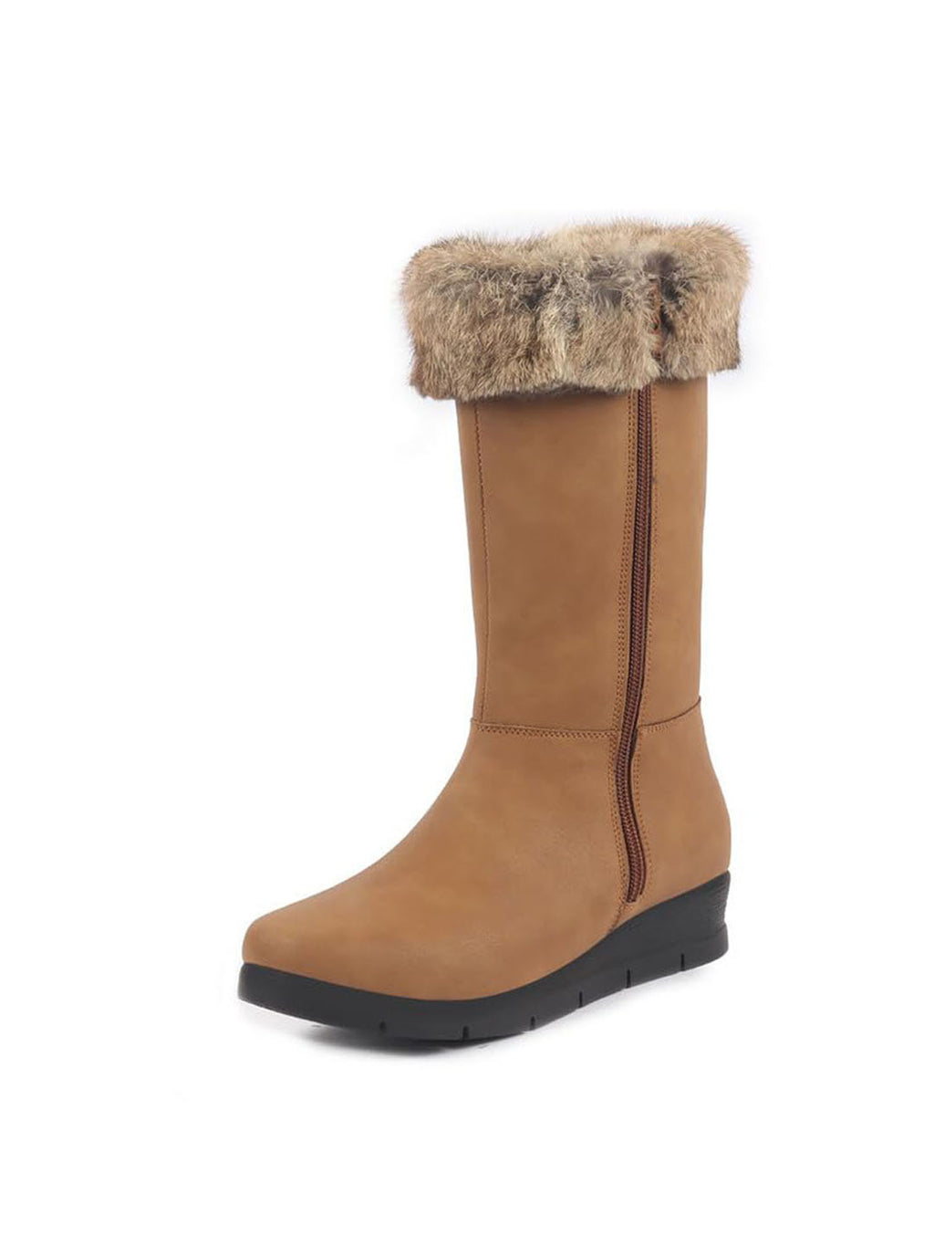 Women Tan High Ankle Side Zipper Winter Classic Fur Boots|Memory Cushion Inslole|Platform Wedge Heel Mid Calf Work Boot
