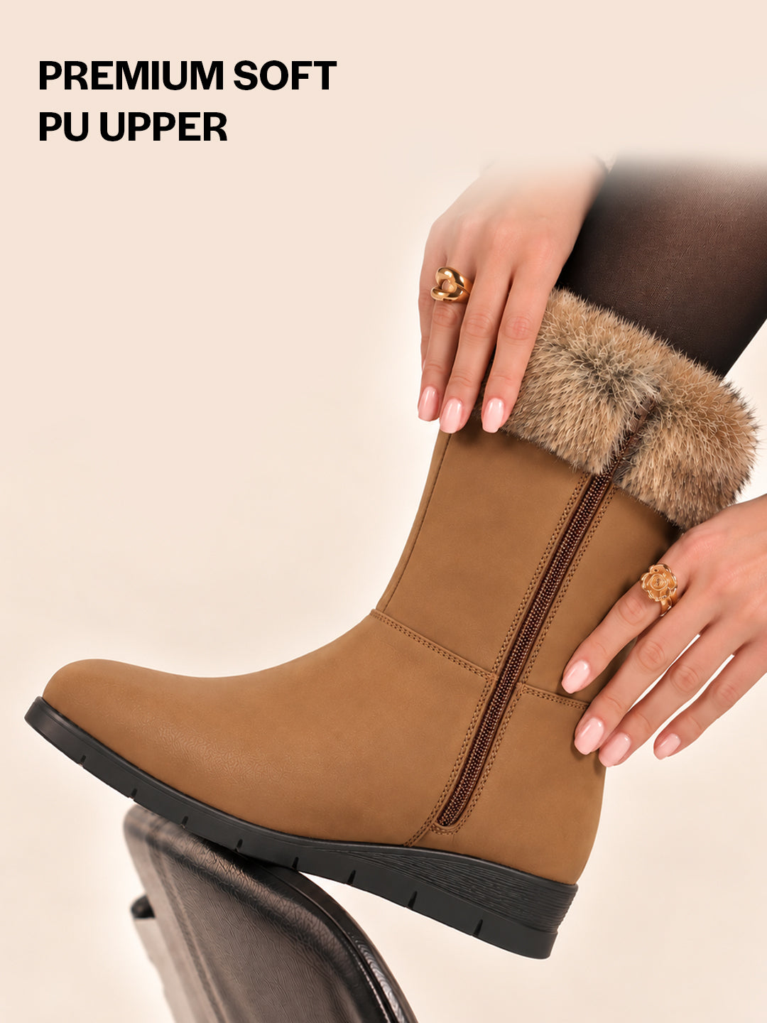 Women Tan High Ankle Side Zipper Winter Classic Fur Boots|Memory Cushion Inslole|Platform Wedge Heel Mid Calf Work Boot