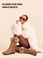 Women Tan High Ankle Side Zipper Winter Classic Fur Boots|Memory Cushion Inslole|Platform Wedge Heel Mid Calf Work Boot