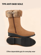 Women Tan High Ankle Side Zipper Winter Classic Fur Boots|Memory Cushion Inslole|Platform Wedge Heel Mid Calf Work Boot