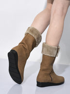 Women Tan High Ankle Side Zipper Winter Classic Fur Boots|Memory Cushion Inslole|Platform Wedge Heel Mid Calf Work Boot