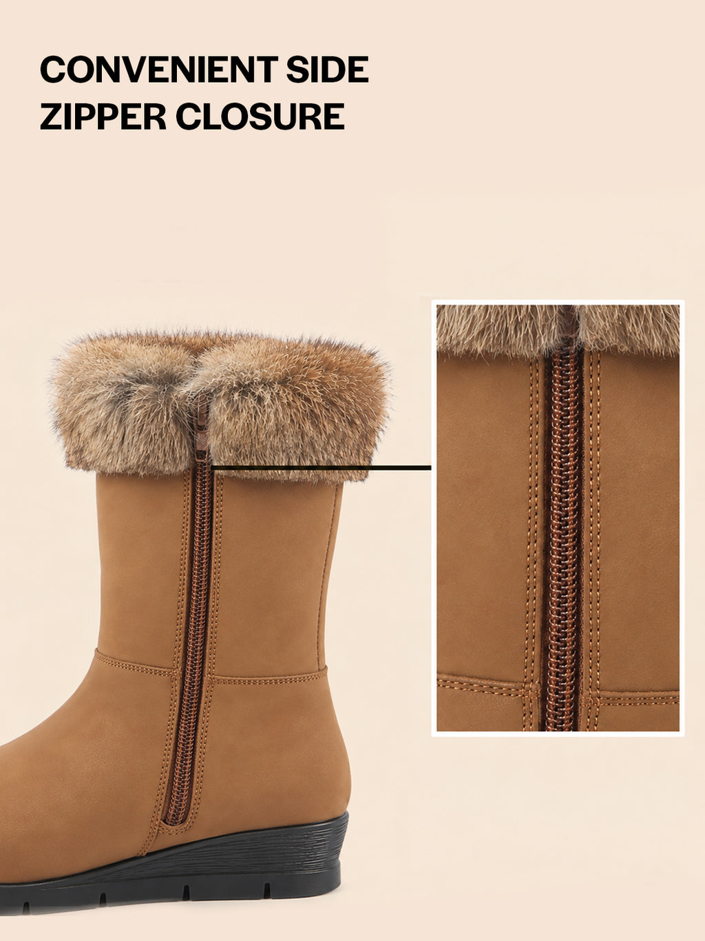Women Tan High Ankle Side Zipper Winter Classic Fur Boots|Memory Cushion Inslole|Platform Wedge Heel Mid Calf Work Boot