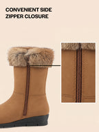 Women Tan High Ankle Side Zipper Winter Classic Fur Boots|Memory Cushion Inslole|Platform Wedge Heel Mid Calf Work Boot