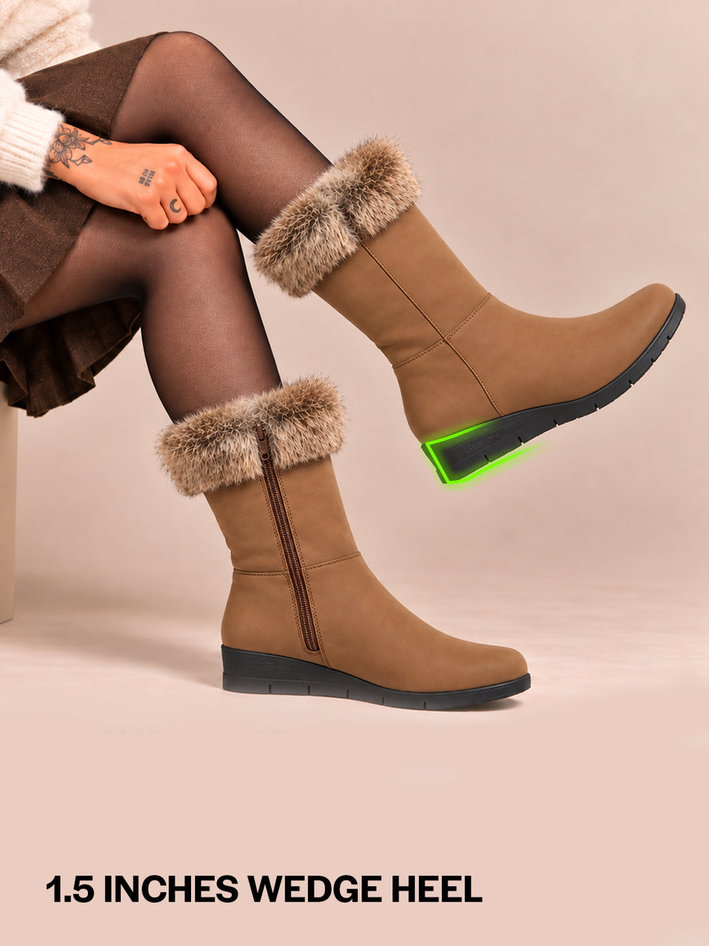 Women Tan High Ankle Side Zipper Winter Classic Fur Boots|Memory Cushion Inslole|Platform Wedge Heel Mid Calf Work Boot