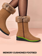 Women Tan High Ankle Side Zipper Winter Classic Fur Boots|Memory Cushion Inslole|Platform Wedge Heel Mid Calf Work Boot