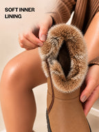 Women Tan High Ankle Side Zipper Winter Classic Fur Boots|Memory Cushion Inslole|Platform Wedge Heel Mid Calf Work Boot