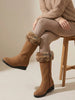 Women Tan High Ankle Side Zipper Winter Classic Fur Boots|Memory Cushion Inslole|Platform Wedge Heel Mid Calf Work Boot