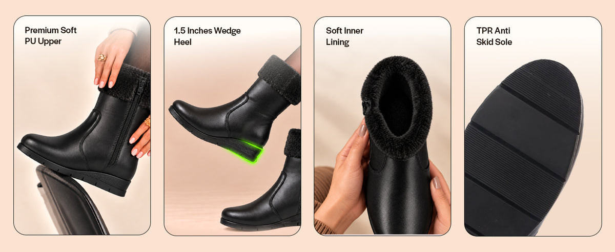 Women High Top Side Zipper Platform Wedge Heel Formal Furr Boot Winter High Ankle Slip-On Boots