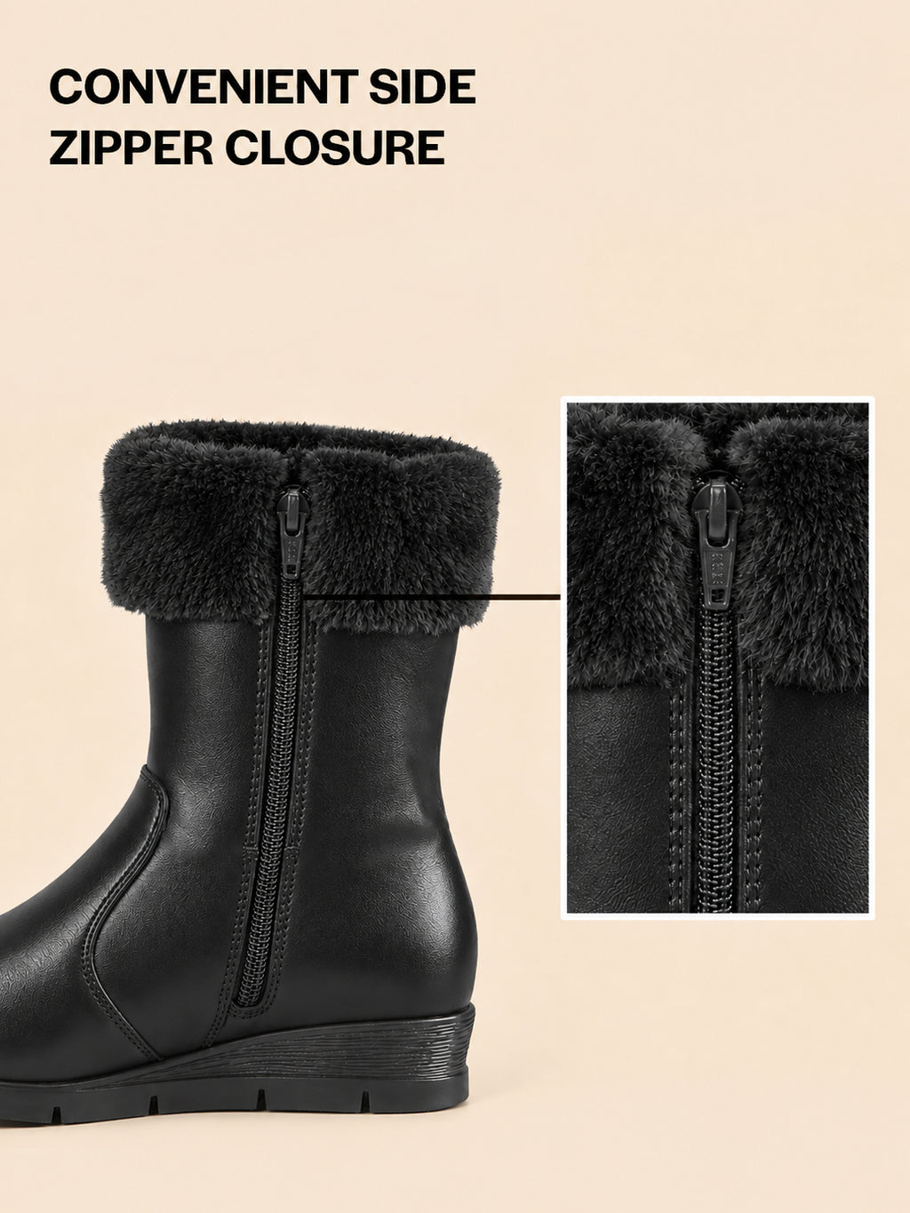 Women High Top Side Zipper Platform Wedge Heel Formal Furr Boot Winter High Ankle Slip-On Boots