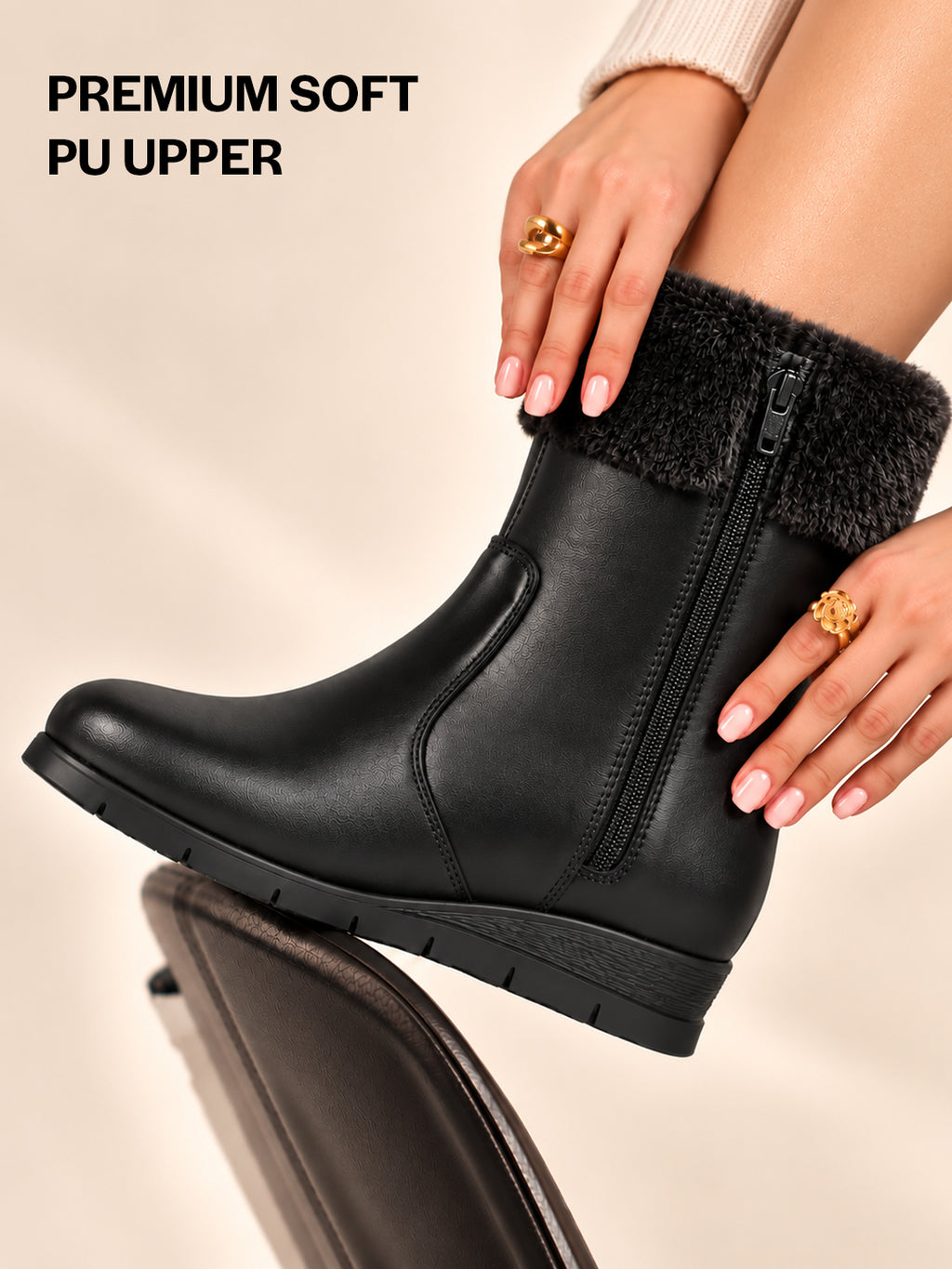 Women High Top Side Zipper Platform Wedge Heel Formal Furr Boot Winter High Ankle Slip-On Boots