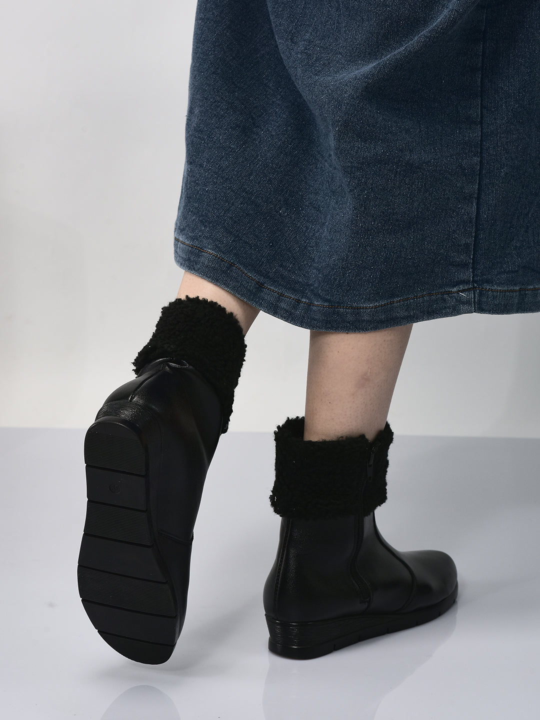 Women High Top Side Zipper Platform Wedge Heel Formal Furr Boot Winter High Ankle Slip-On Boots