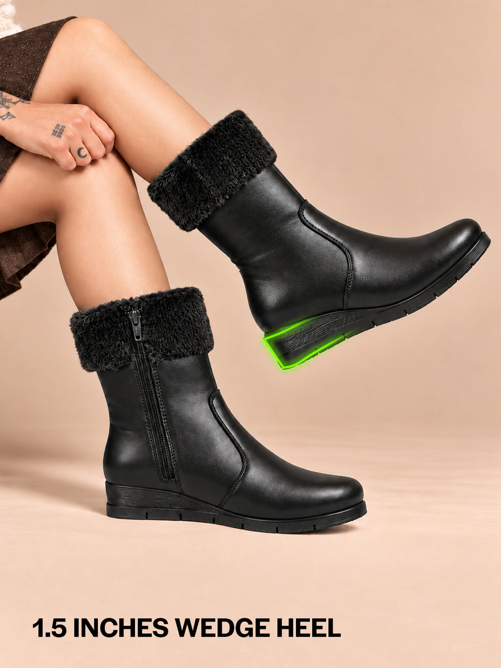 Women High Top Side Zipper Platform Wedge Heel Formal Furr Boot Winter High Ankle Slip-On Boots