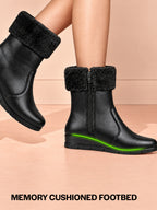 Women High Top Side Zipper Platform Wedge Heel Formal Furr Boot Winter High Ankle Slip-On Boots
