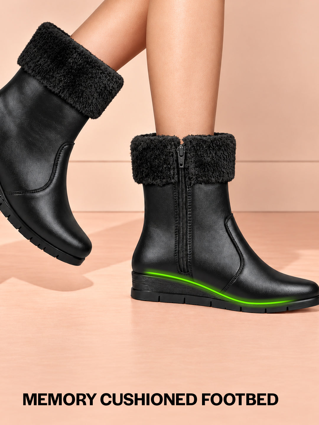 Women High Top Side Zipper Platform Wedge Heel Formal Furr Boot Winter High Ankle Slip-On Boots