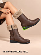 Women High Top Side Zipper Platform Wedge Heel Formal Furr Boot Winter High Ankle Slip-On Boots
