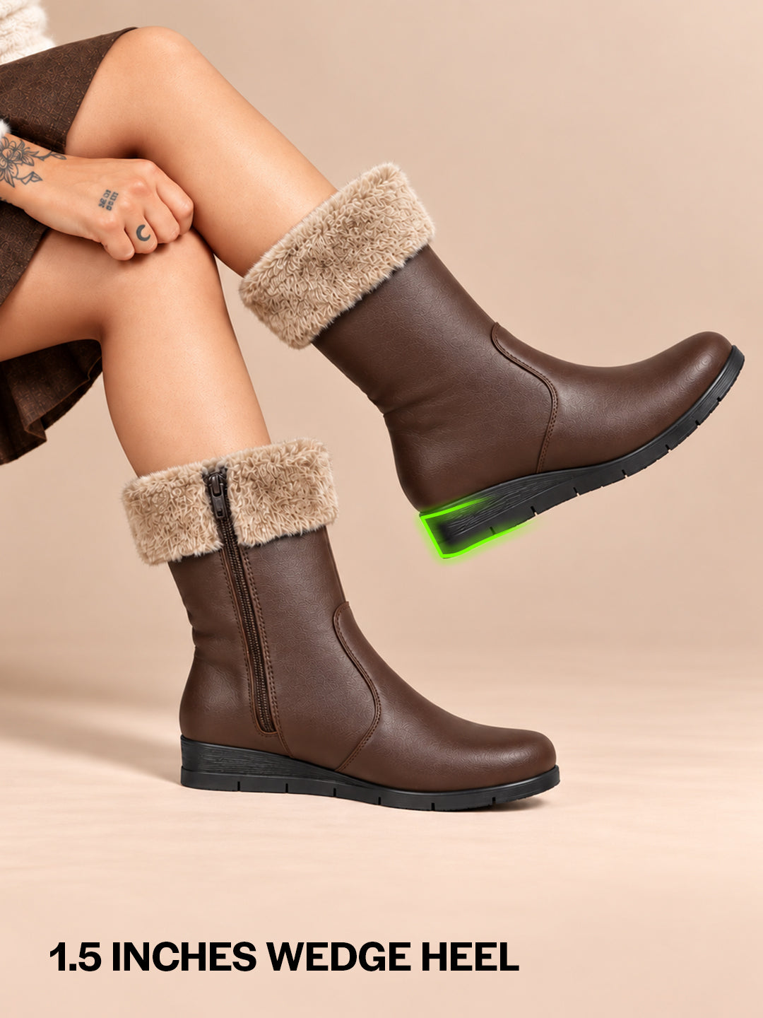 Women High Top Side Zipper Platform Wedge Heel Formal Furr Boot Winter High Ankle Slip-On Boots