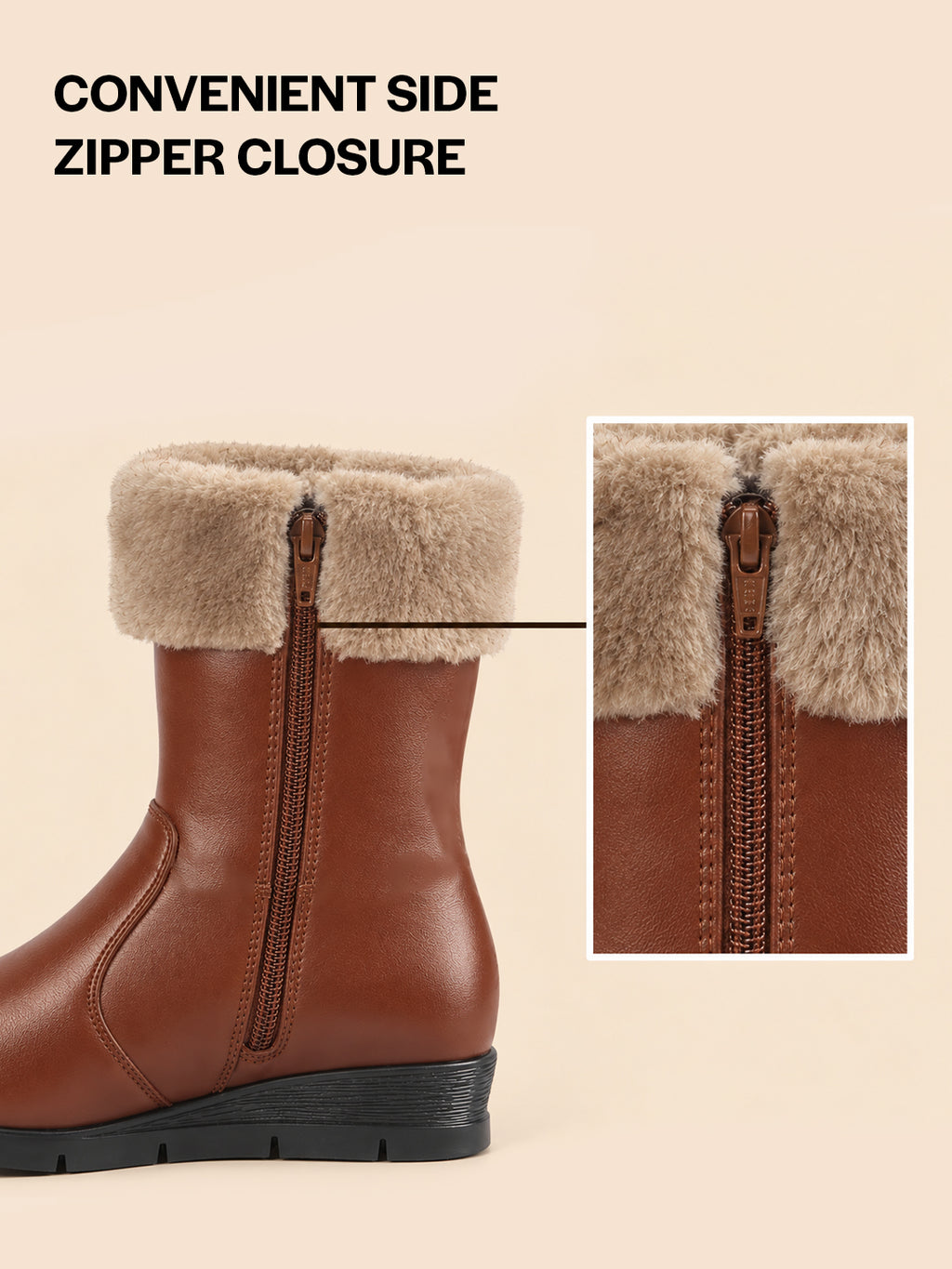 Women Tan High Top Side Zipper Platform Wedge Heel Formal Furr Winter High Ankle Slip-On Boots