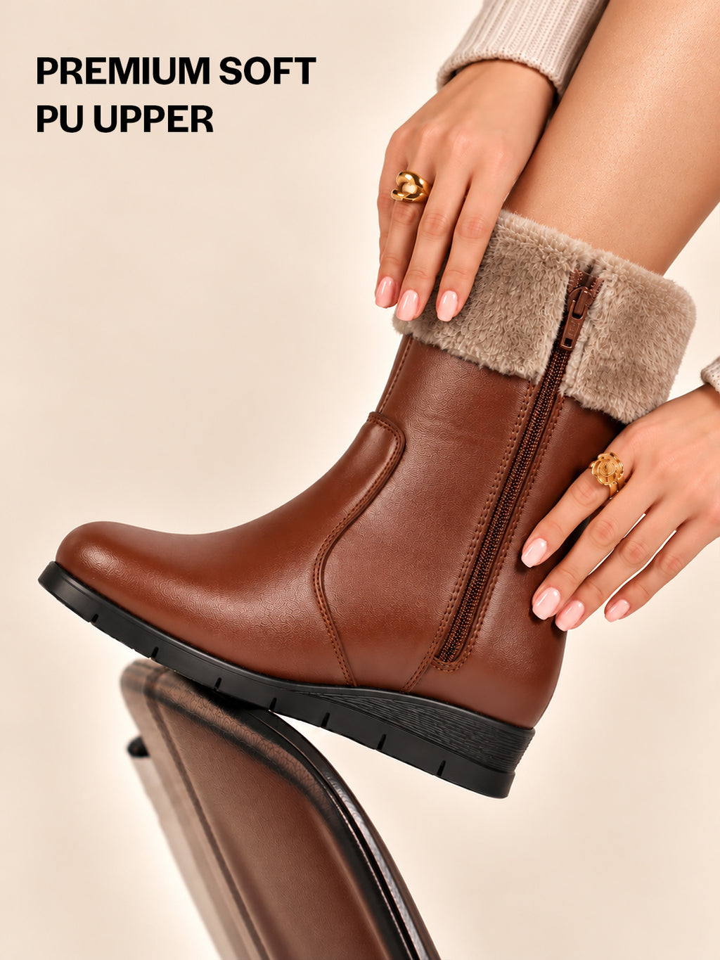 Women Tan High Top Side Zipper Platform Wedge Heel Formal Furr Winter High Ankle Slip-On Boots