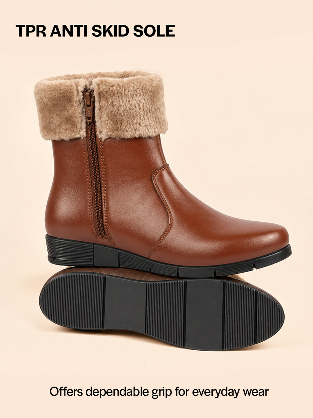 Women Tan High Top Side Zipper Platform Wedge Heel Formal Furr Winter High Ankle Slip-On Boots