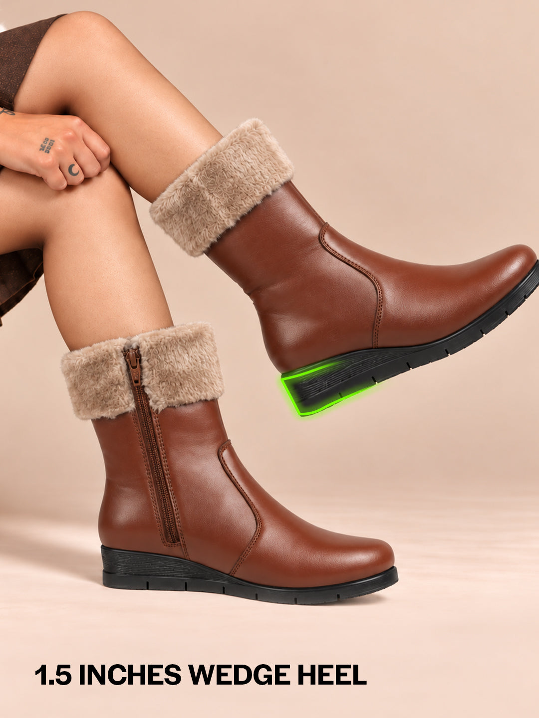 Women Tan High Top Side Zipper Platform Wedge Heel Formal Furr Winter High Ankle Slip-On Boots