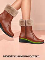 Women Tan High Top Side Zipper Platform Wedge Heel Formal Furr Winter High Ankle Slip-On Boots