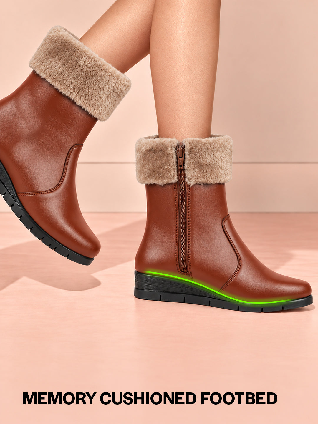 Women Tan High Top Side Zipper Platform Wedge Heel Formal Furr Winter High Ankle Slip-On Boots