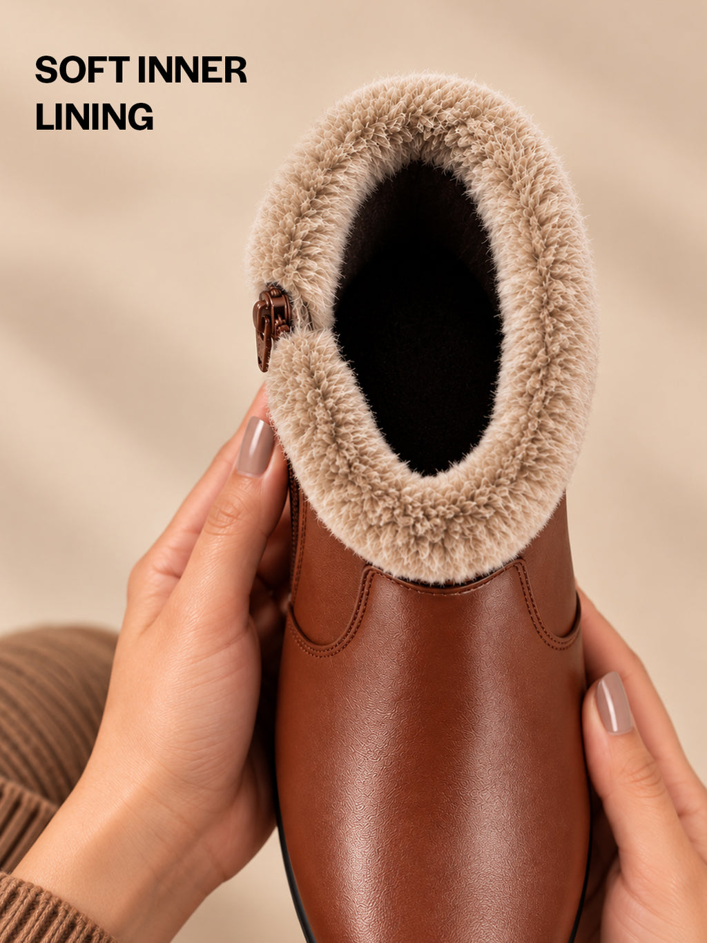 Women Tan High Top Side Zipper Platform Wedge Heel Formal Furr Winter High Ankle Slip-On Boots