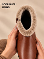 Women Tan High Top Side Zipper Platform Wedge Heel Formal Furr Winter High Ankle Slip-On Boots