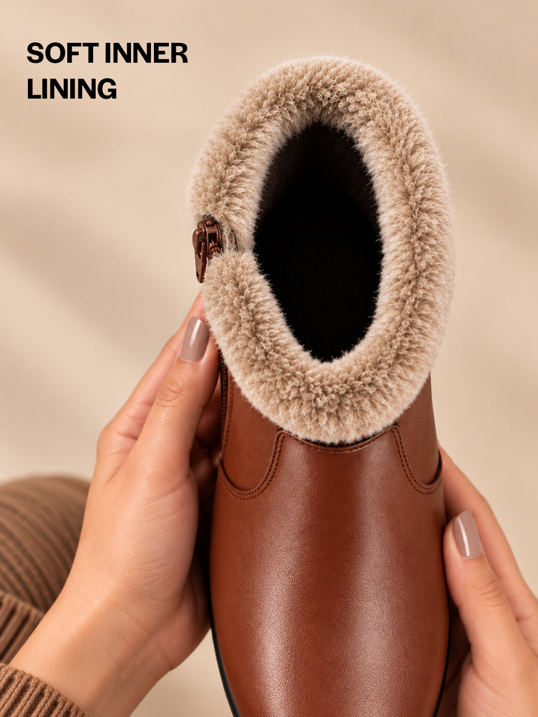 Women Tan High Top Side Zipper Platform Wedge Heel Formal Furr Winter High Ankle Slip-On Boots
