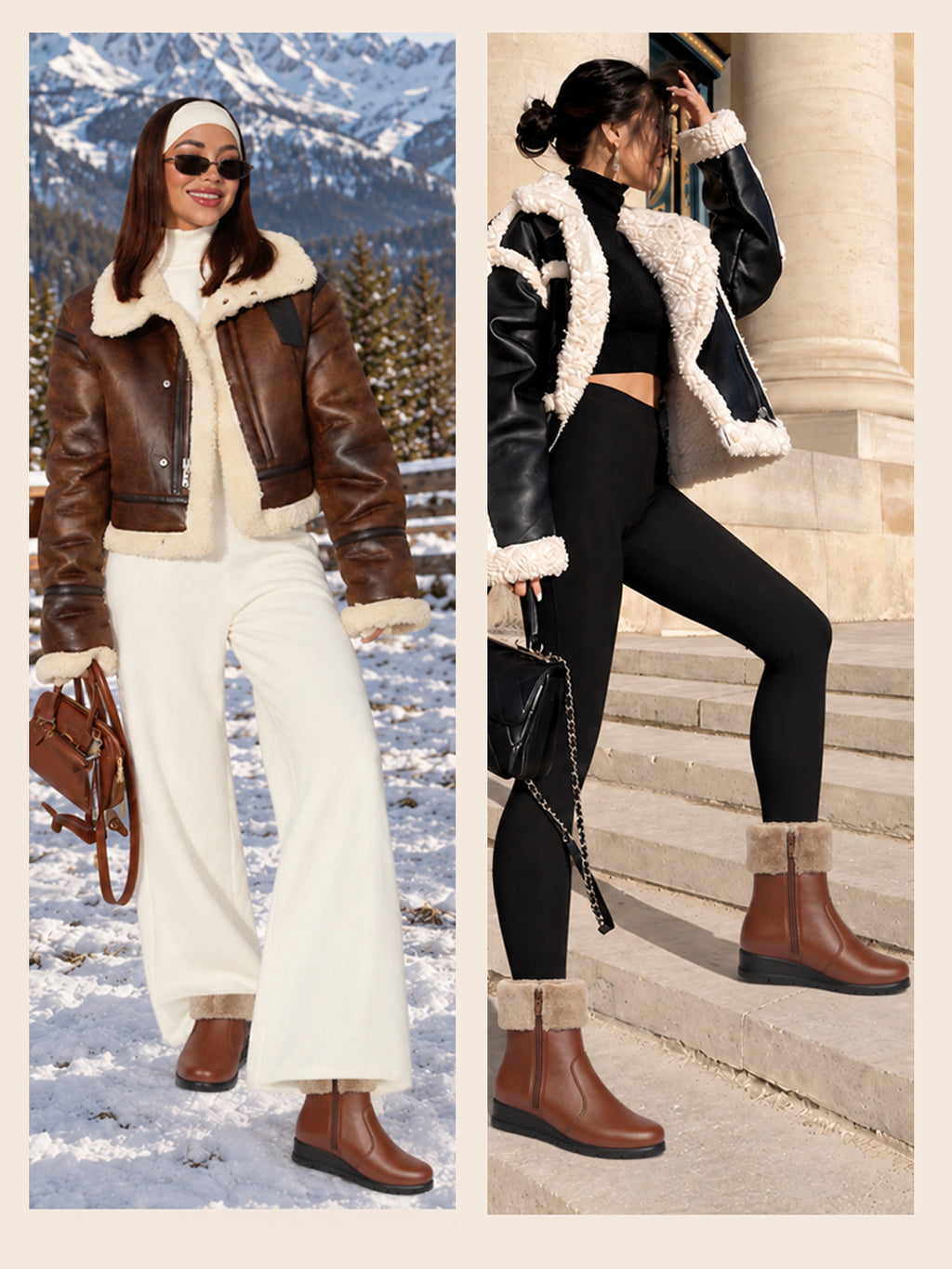 Women Tan High Top Side Zipper Platform Wedge Heel Formal Furr Winter High Ankle Slip-On Boots