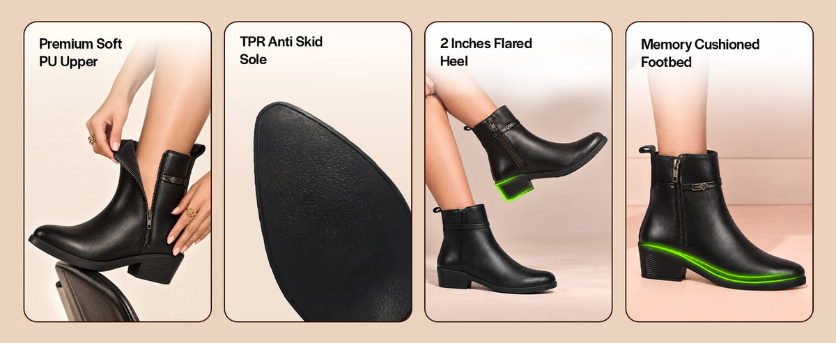 Women Brown Mid Ankle Flared Heel Side Zipper Winter Boots|Dress Boot|Office Boot