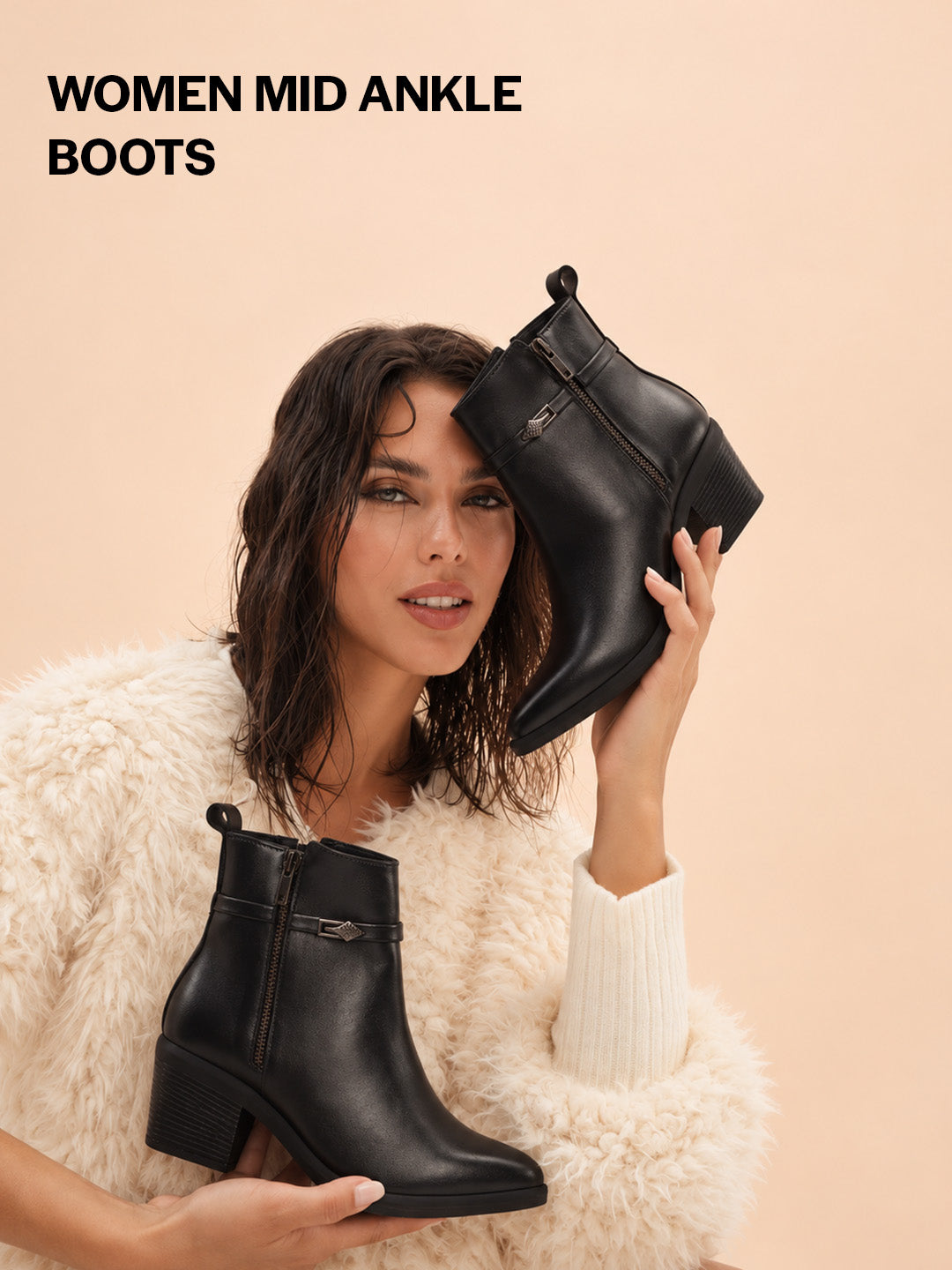 Women Black Mid Ankle Flared Heel Side Zipper Winter Boots|Dress Boot|Office Boot