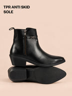 Women Black Mid Ankle Flared Heel Side Zipper Winter Boots|Dress Boot|Office Boot