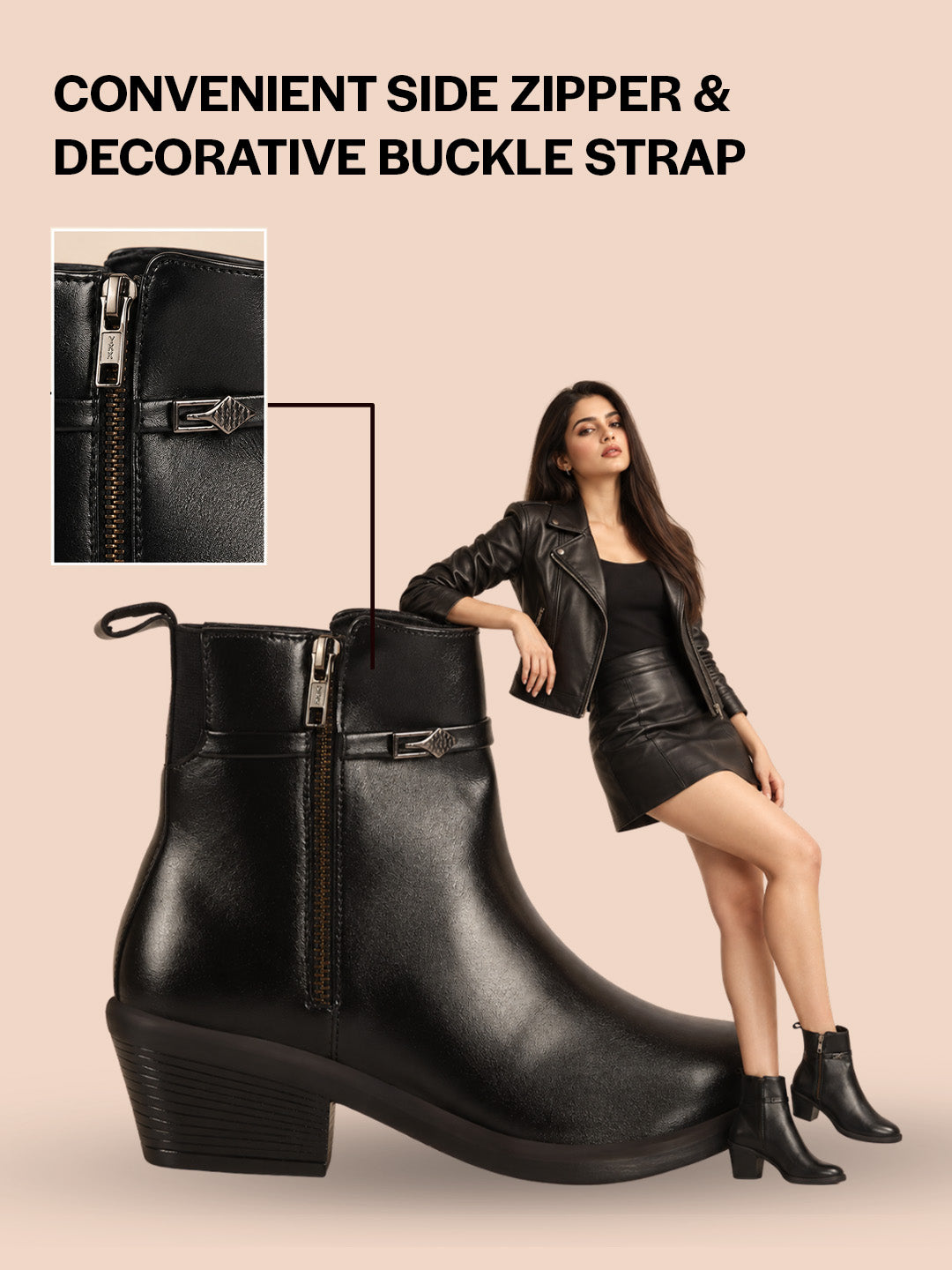 Women Black Mid Ankle Flared Heel Side Zipper Winter Boots|Dress Boot|Office Boot