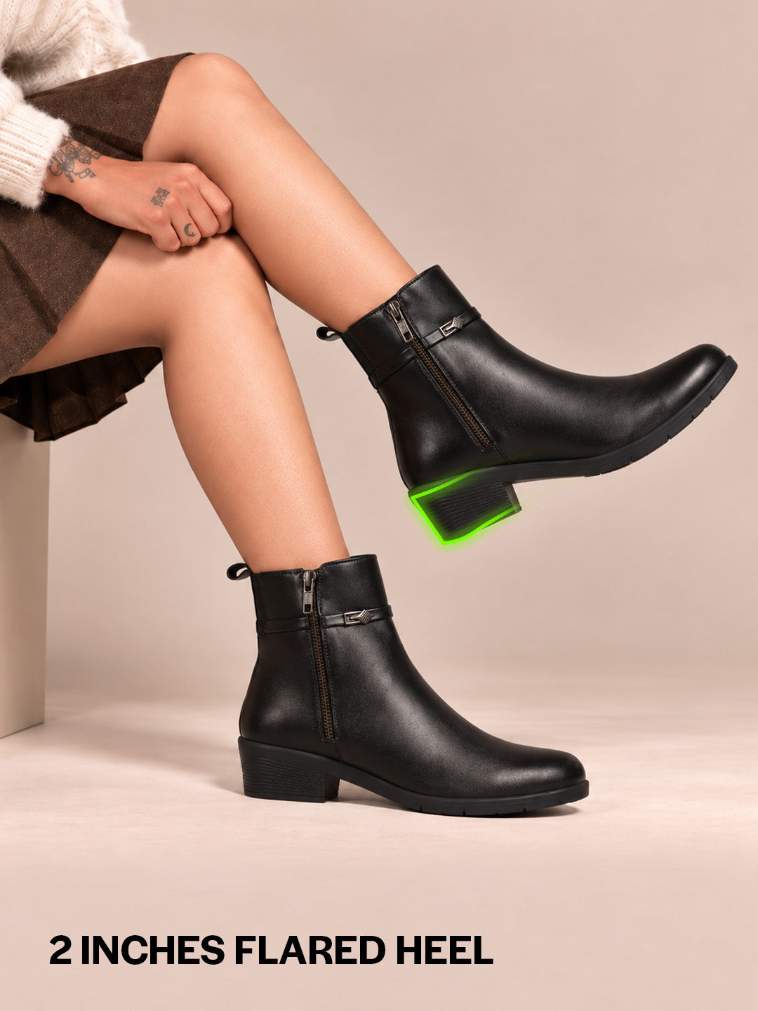 Women Black Mid Ankle Flared Heel Side Zipper Winter Boots|Dress Boot|Office Boot
