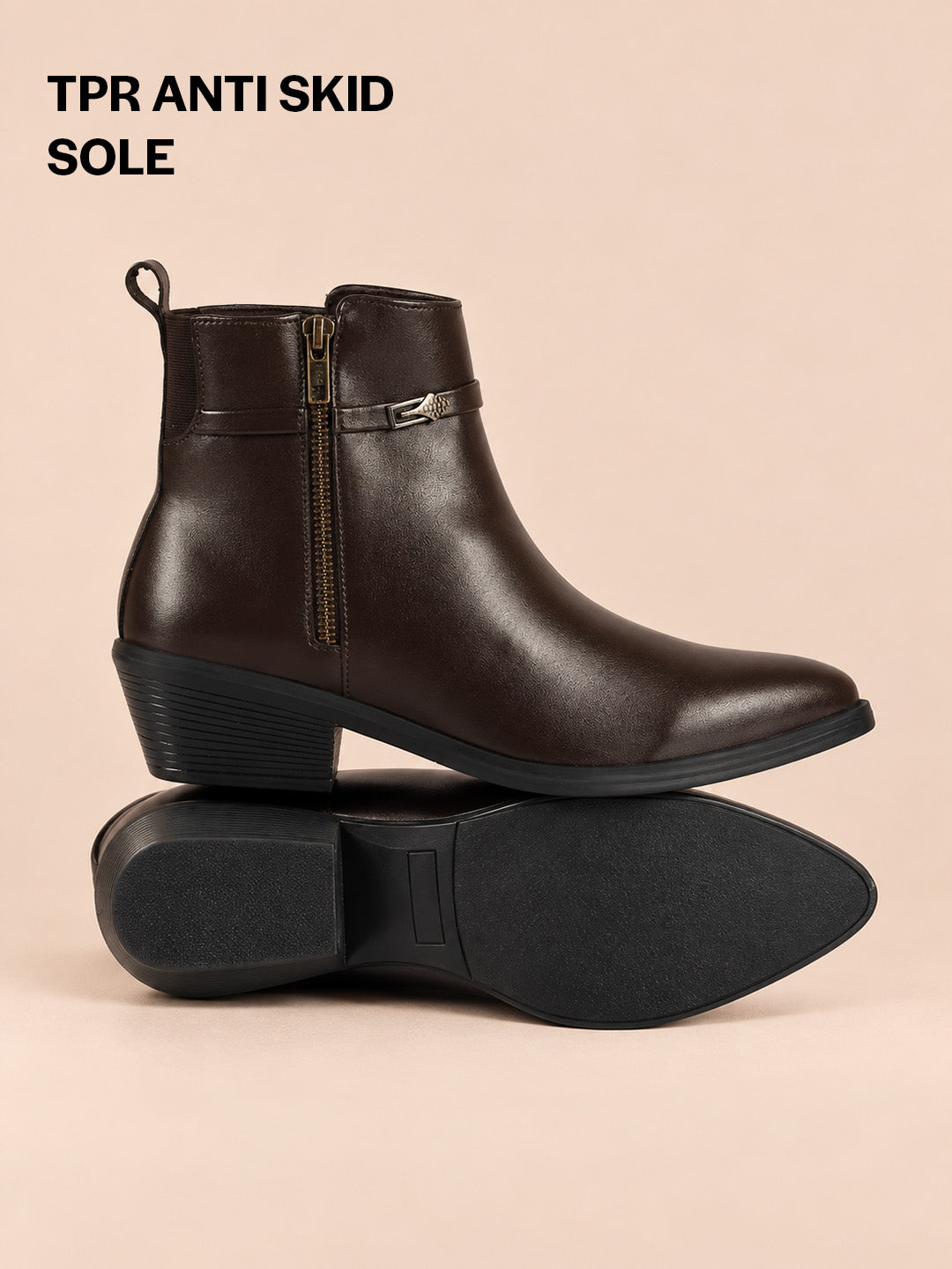 Women Brown Mid Ankle Flared Heel Side Zipper Winter Boots|Dress Boot|Office Boot