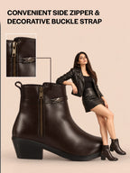 Women Brown Mid Ankle Flared Heel Side Zipper Winter Boots|Dress Boot|Office Boot
