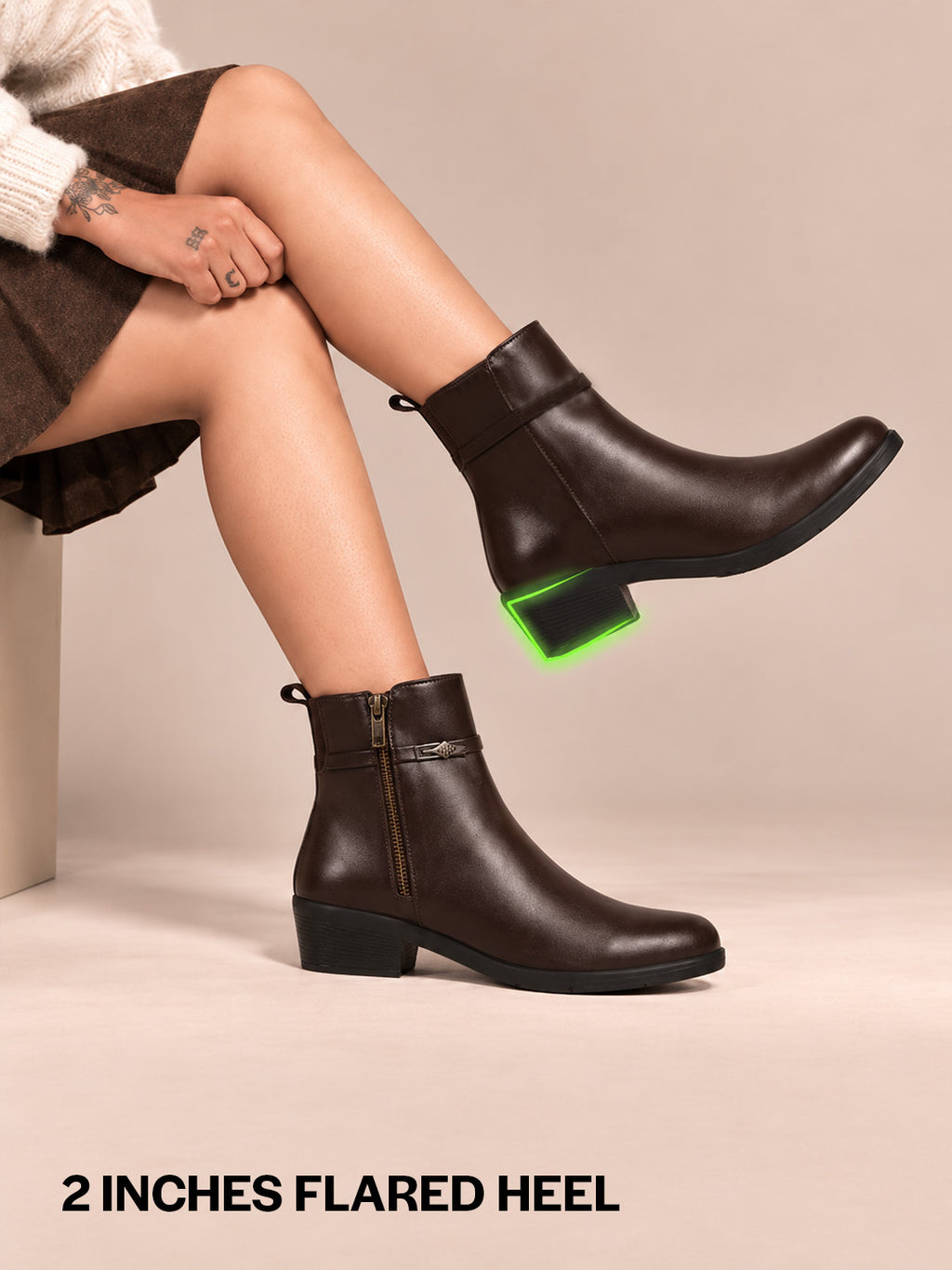 Women Brown Mid Ankle Flared Heel Side Zipper Winter Boots|Dress Boot|Office Boot