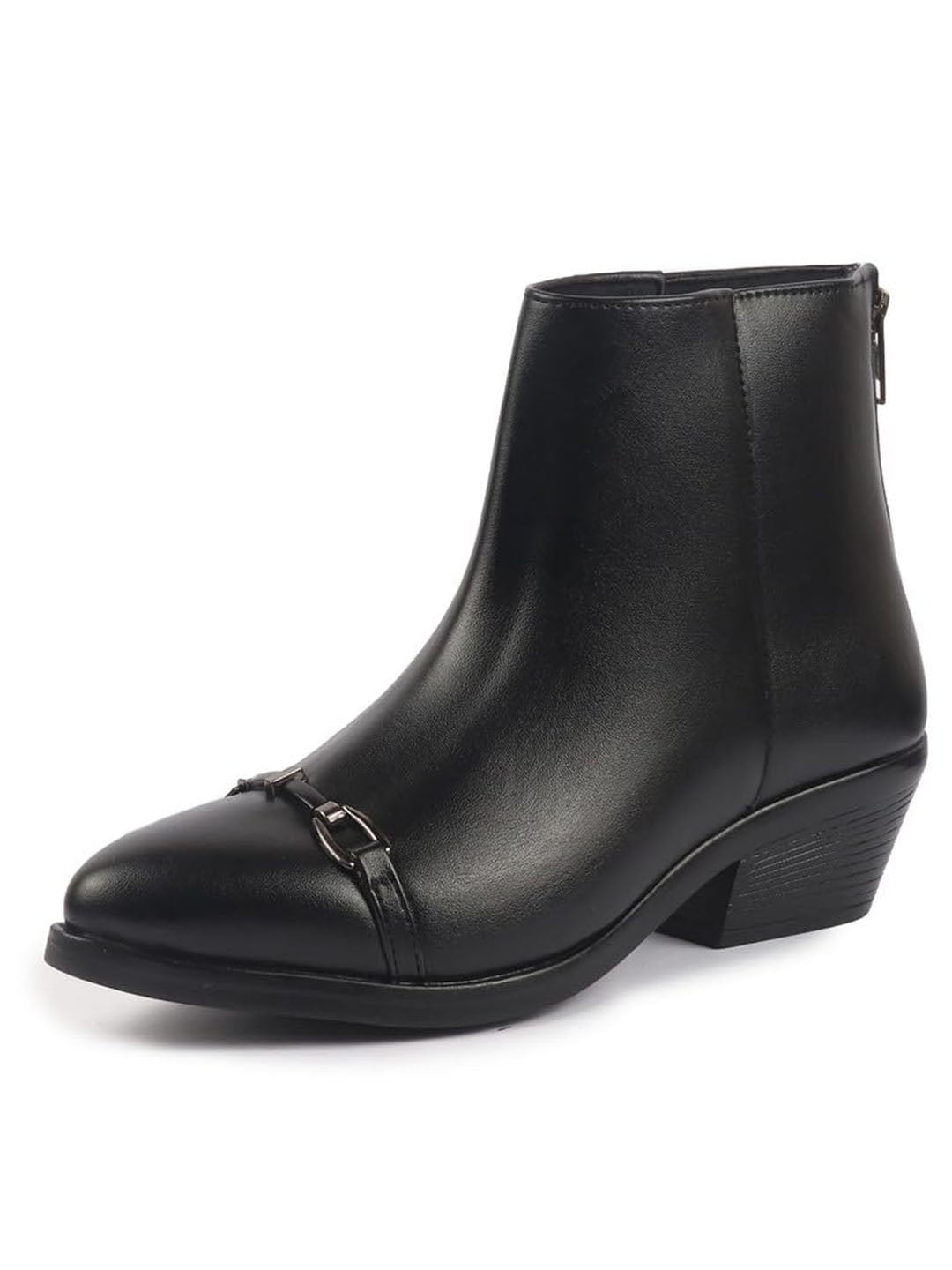 Women Black Flared Heel High Ankle Back Side Zipper Horsebit Buckle Chelsea Work Boots|Outdoor Boots|Formal Boots