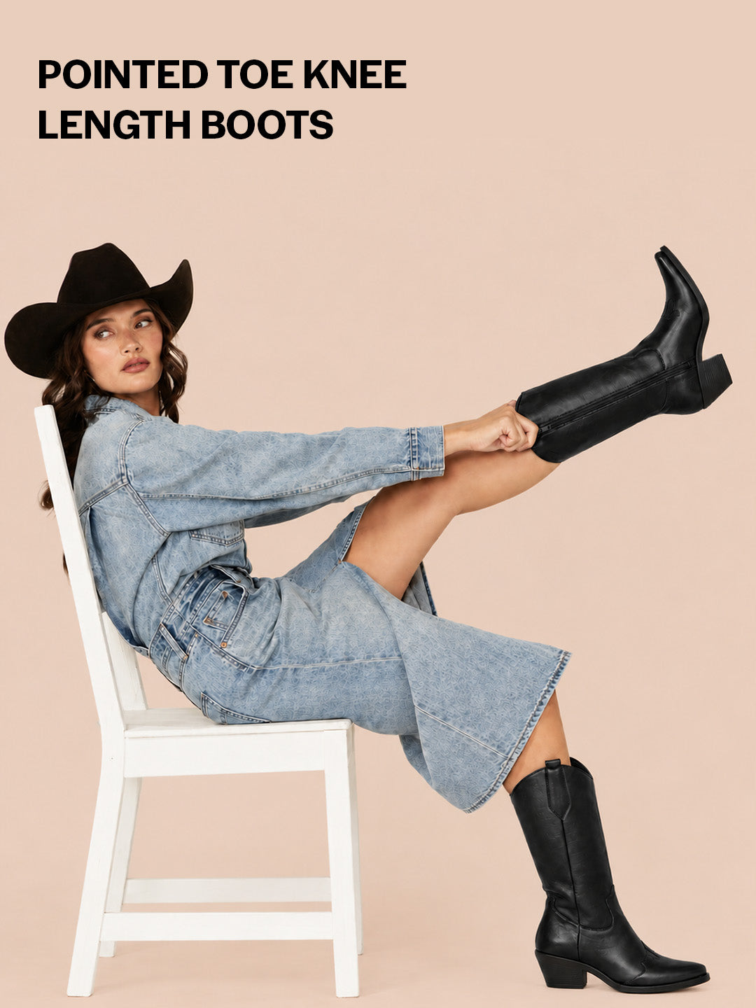 Women Black Knee Length Side Zipper Closure Pointed Toe Flared Heel Long Boots for Winter|Outdoor Boots