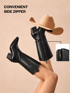 Women Black Knee Length Side Zipper Closure Pointed Toe Flared Heel Long Boots for Winter|Outdoor Boots