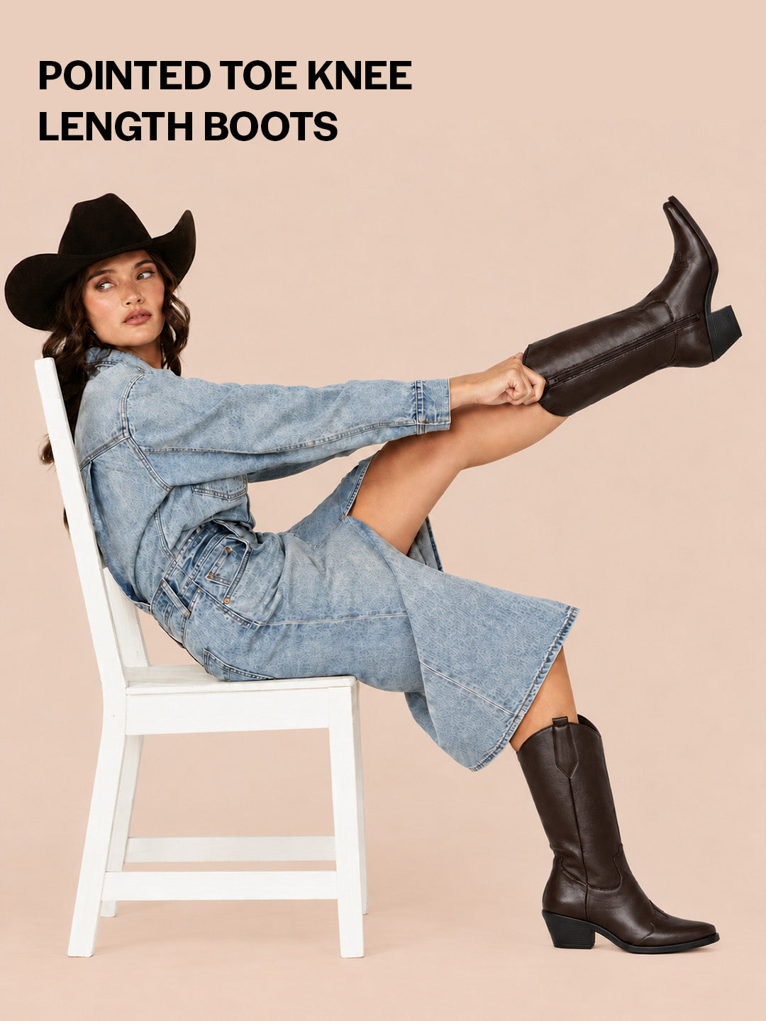 Women Brown Knee Length Side Zipper Closure Pointed Toe Flared Heel Long Boots for Winter|Outdoor Boots