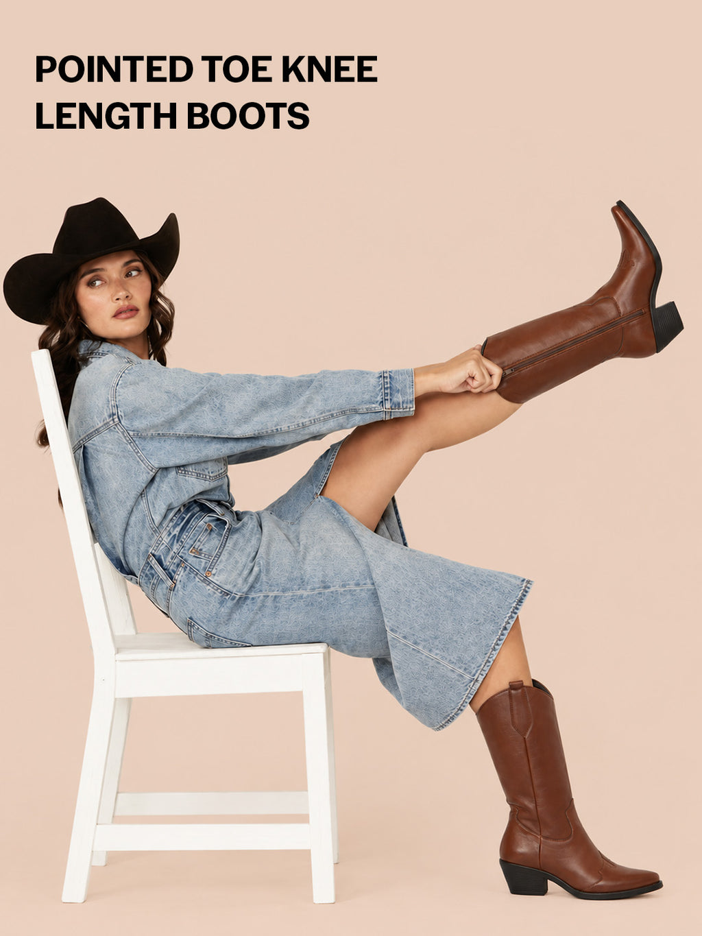 Women Tan Knee Length Side Zipper Closure Pointed Toe Flared Heel Long Boots for Winter|Outdoor Boots