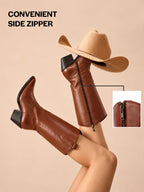 Women Tan Knee Length Side Zipper Closure Pointed Toe Flared Heel Long Boots for Winter|Outdoor Boots