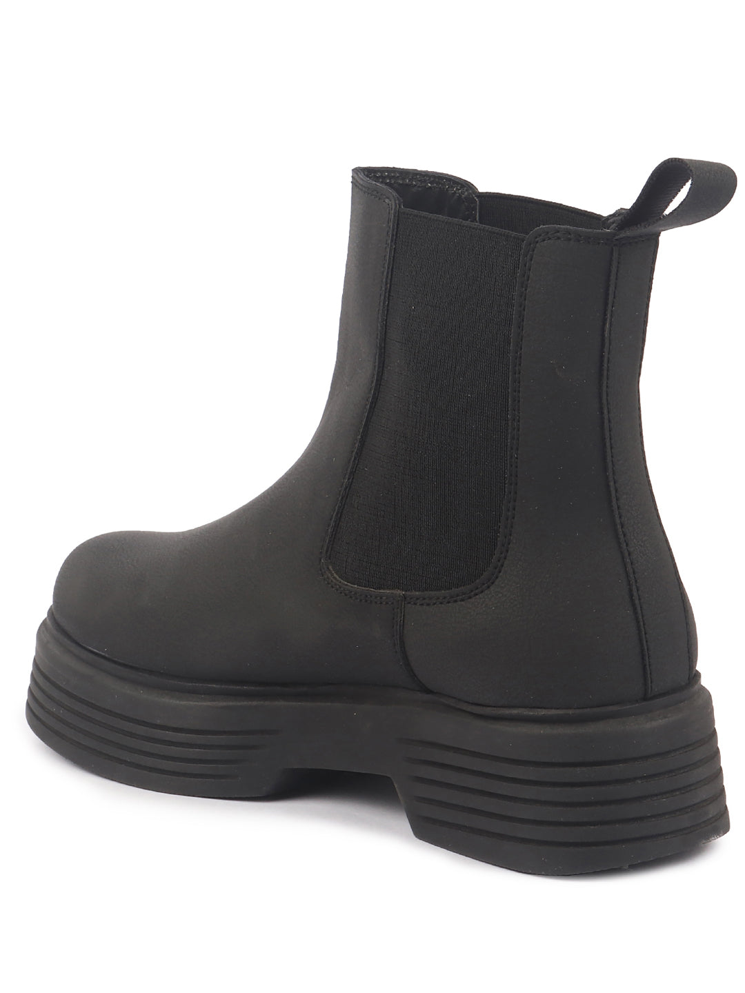 Women Black Height Enhancer Flared Heel High Ankle Top Winter Chelsea Boots|Work Boot|Memory Cushioned Footbed