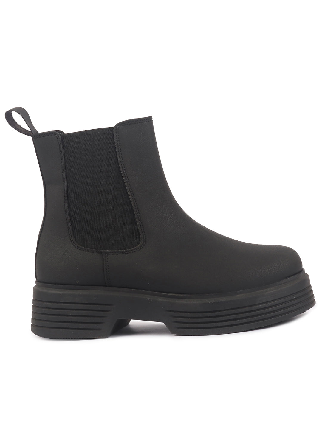 Women Black Height Enhancer Flared Heel High Ankle Top Winter Chelsea Boots|Work Boot|Memory Cushioned Footbed