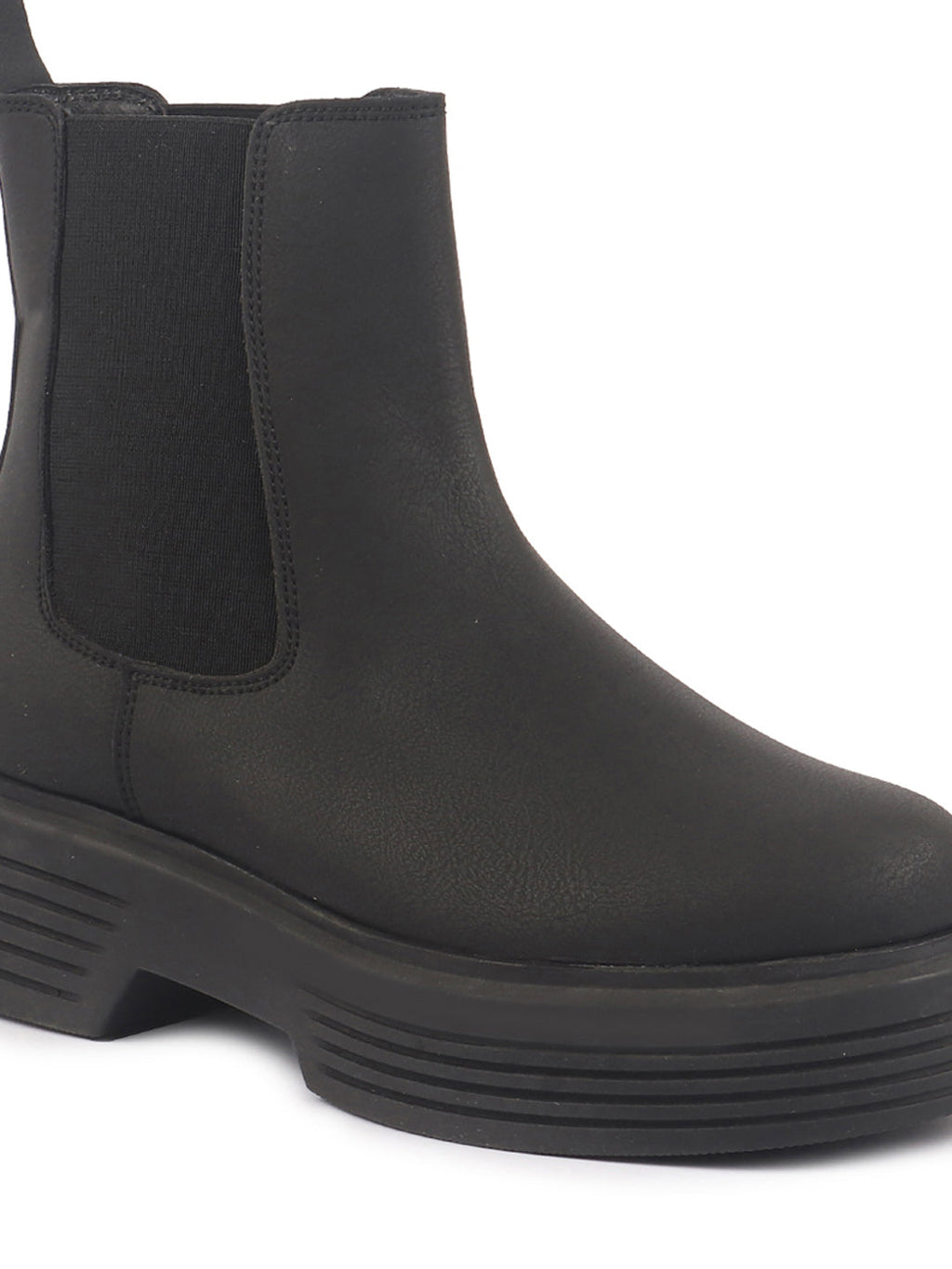 Women Black Height Enhancer Flared Heel High Ankle Top Winter Chelsea Boots|Work Boot|Memory Cushioned Footbed